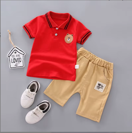 Ensemble 2 Pièces "Bear" - Polo Rouge Ourson et Short Beige Casual Chic