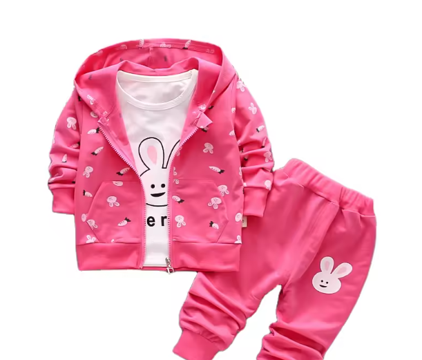 Ensemble 3 Pièces Bébé Fille "Bunny Love" - Veste à Capuche Rose Lapin, T-Shirt Blanc et Pantalon Rose