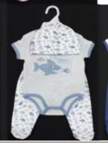 Ensemble 3 Pièces Bébé Garçon "Ocean Whale" - Body Blanc Baleine, Pantalon à Pieds Imprimé et Bonnet Assorti