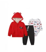 Ensemble 3 Pièces "Bear" - Veste à Capuche Rouge Ourson, Body Blanc et Pantalon Noir