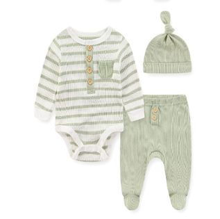 Ensemble 3 Pièces Bébé"Cozy Stripes" - Body Rayé Vert Sauge, Pantalon à Pieds et Chapeau Assorti