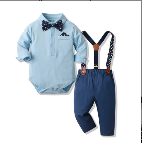 Ensemble Garçon 2 Pièces - Body Chemise Bleu Ciel avec Nœud Papillon et Pantalon à Bretelles