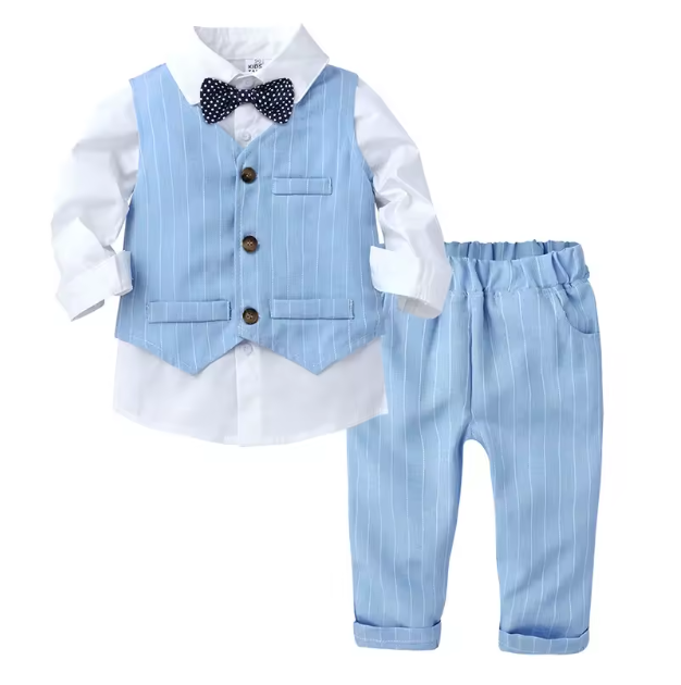 Ensemble Garçon 3 Pièces - Gilet Rayé Bleu Ciel, Chemise Blanche et Pantalon Assorti avec Nœud Papillon