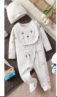 Lot 3 pieces Grenouillère Bébé Ours Blanc avec Bonnet et bavoir