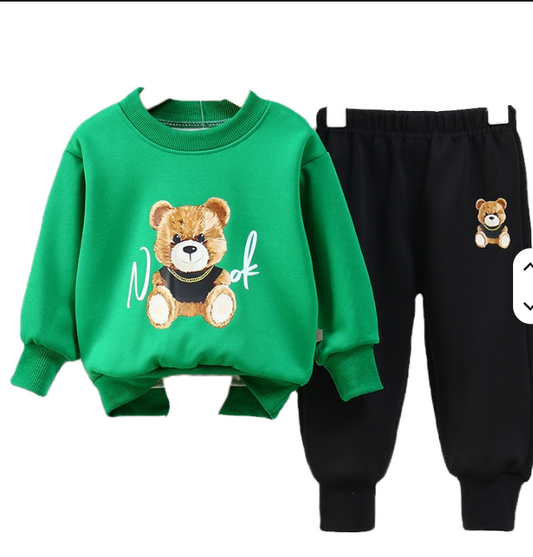 Ensemble 2 Pièces "Teddy Bear" - Sweat Vert Émeraude Ourson et Jogging Noir