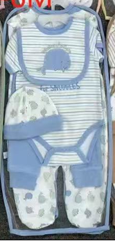 Ensemble 6 Pièces Bébé Garçon "Little Elephant Blue" - Grenouillère Bleue Rayée, Body Blanc, Pantalon à Pois, Bavoir et Bonnet Assortis