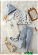 Ensemble 4 Pièces Bébé Garçon "Safari Friends" - Cardigan Blanc Girafe, Body Bleu, Pantalon Bleu et Bonnet Assorti