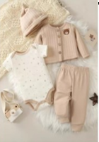 Ensemble 4 Pièces Bébé Fille "Cozy Teddy" - Veste Fourrure Beige, Body Blanc, Pantalon Beige et bandeau
