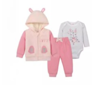 Ensemble 3 Pièces  "Bunny Love" - Veste à Capuche Rose, Body Blanc et Pantalon Rose
