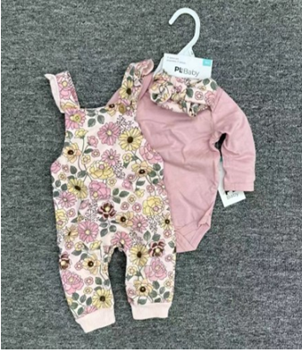 Ensemble 3 Pièces Bébé Fille "Floral Garden" - Salopette Imprimé Fleurs, Body Rose à Volants et Bandeau Assorti