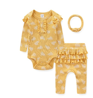 Ensemble 3 Pièces Bébé "Polka Dots" - Body Jaune à Pois, Pantalon à Volants et Bandeau Assorti