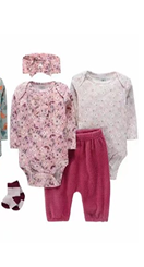 Ensemble 5 Pièces Bébé Fille "Floral Romance" - 2 Bodies Manches Longues, Pantalon Bordeaux, Chaussettes et Bandeau Assortis