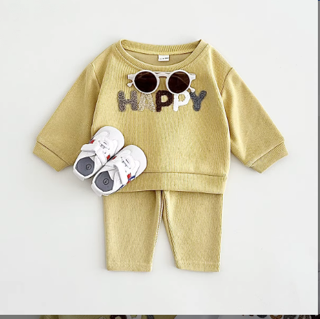 Ensemble 2 Pièces Bébé "Happy" - Sweat Côtelé Jaune Pastel et Pantalon Assorti Confort