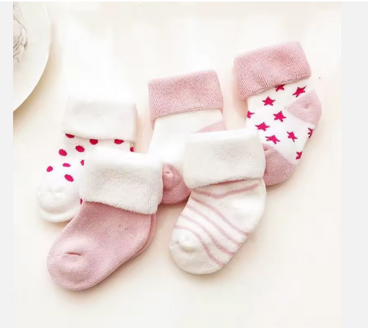 Lot de 5 Paires de Chaussettes Bébé Fille Rose et Blanc - Motifs Étoiles, Pois et Rayures