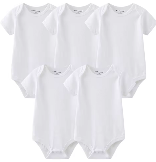 Lot de 5 Bodies Bébé Blancs à Manches Courtes – 100% Coton Doux | Unisexe, Confort & Praticité