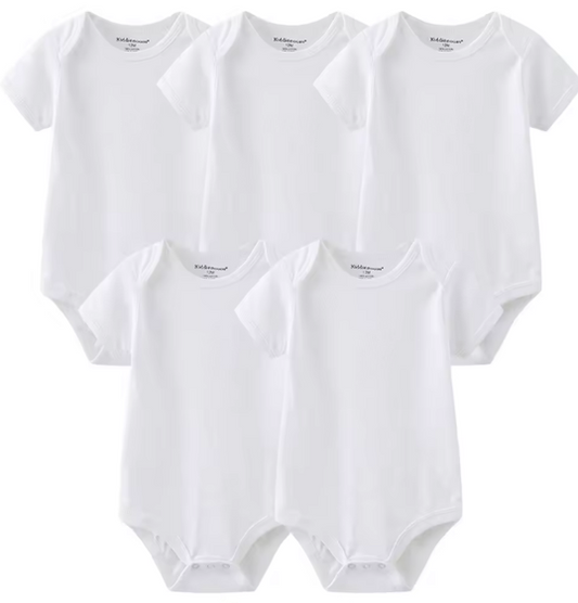 Lot de 5 Bodies Bébé Blancs à Manches Courtes – 100% Coton Doux | Unisexe, Confort & Praticité